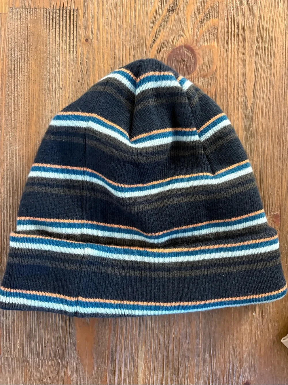 Hurley Youth Beanie Knit Hat Blue Black Orange Striped Fold Over Cuff Winter Cap